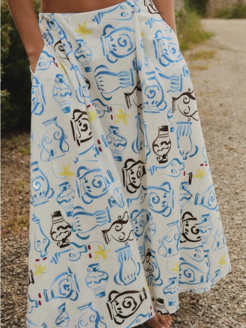 Zara White Midi Skirt with Blue and Brown Print